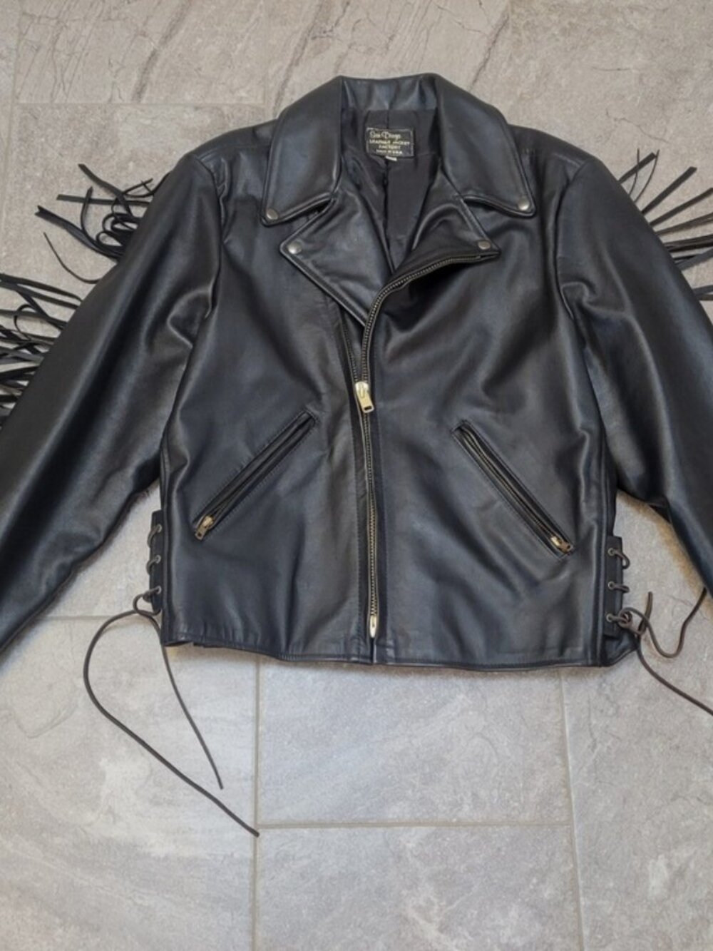 Leather Jacket Fringe vintage San Diego Biker Motorcycle Tassels USA Mens 46 XL
